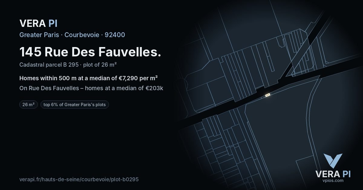 145 Rue Des Fauvelles, Courbevoie at night – the plot lit, the parcels around coloured by the prices near them