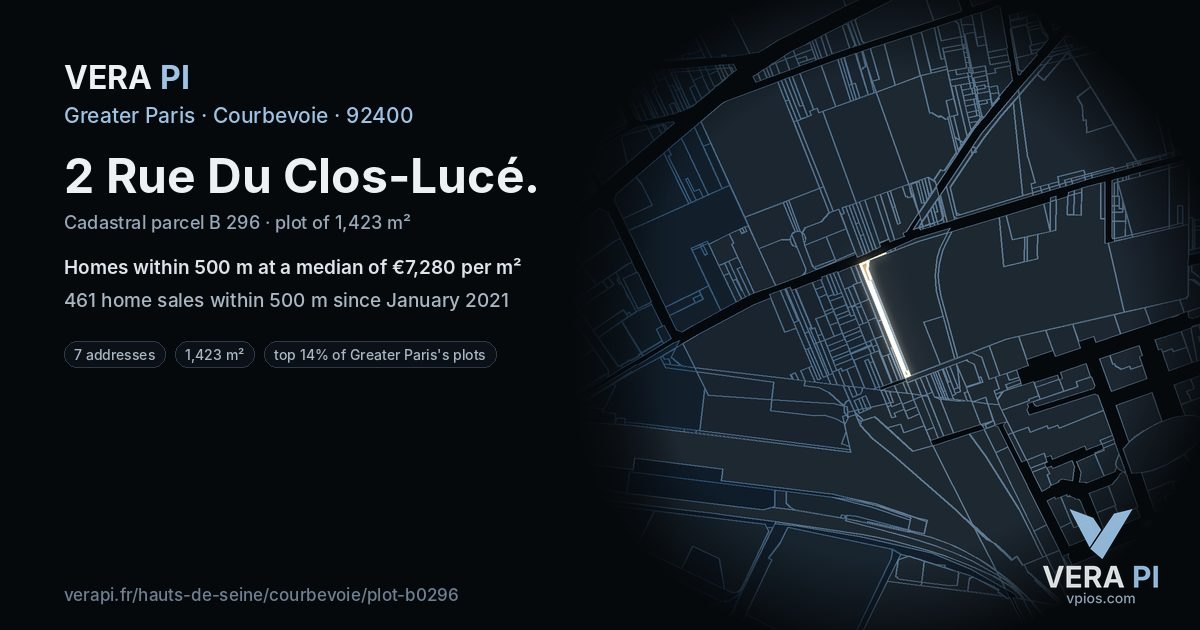 2 Rue Du Clos-Lucé, Courbevoie at night – the plot lit, the parcels around coloured by the prices near them