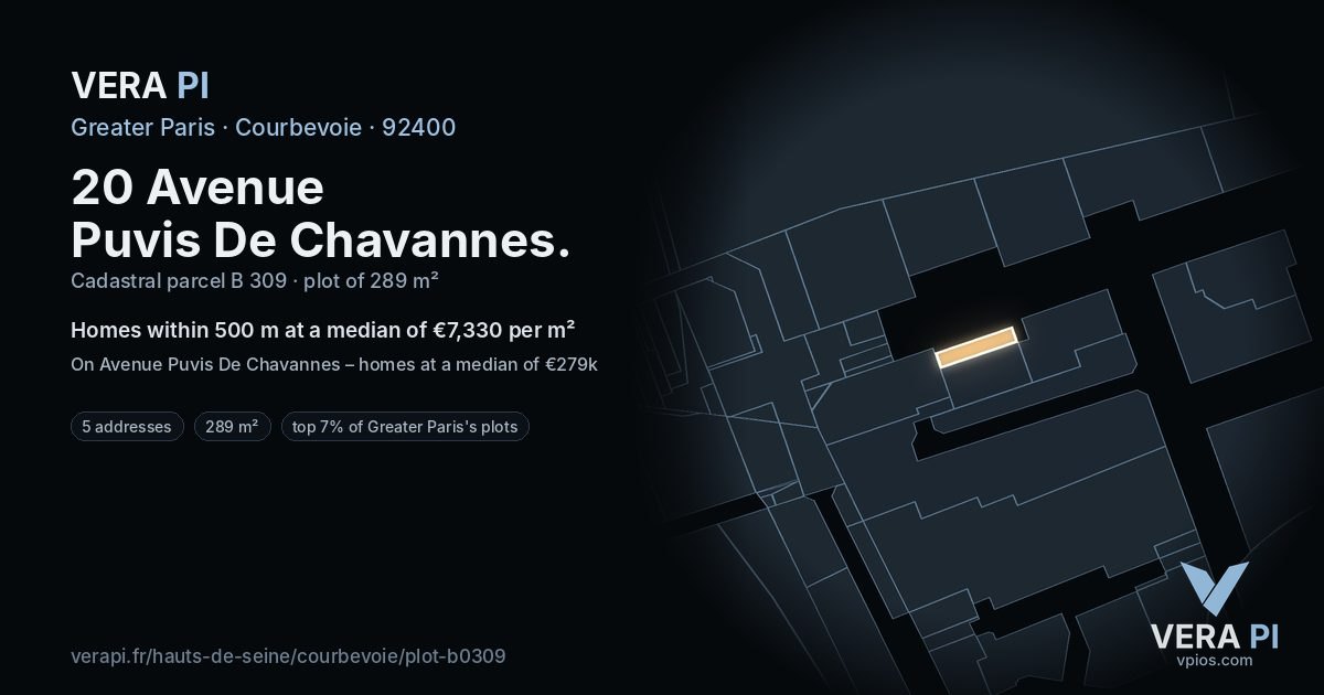20 Avenue Puvis De Chavannes, Courbevoie at night – the plot lit, the parcels around coloured by the prices near them