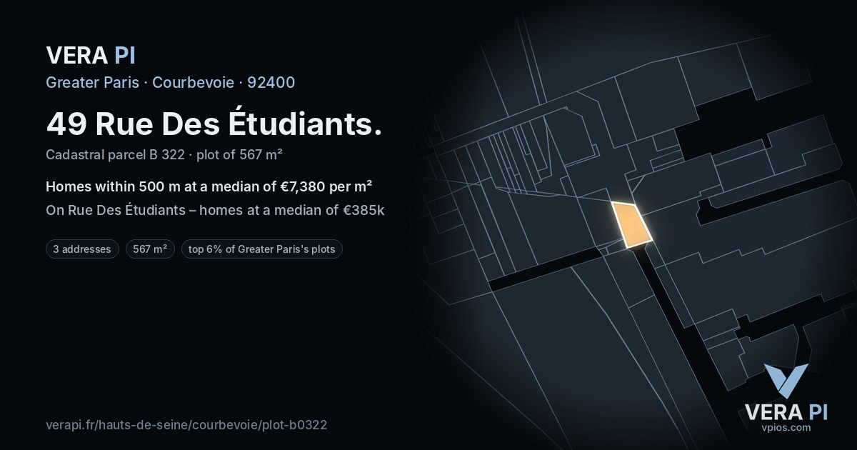 49 Rue Des Étudiants, Courbevoie at night – the plot lit, the parcels around coloured by the prices near them