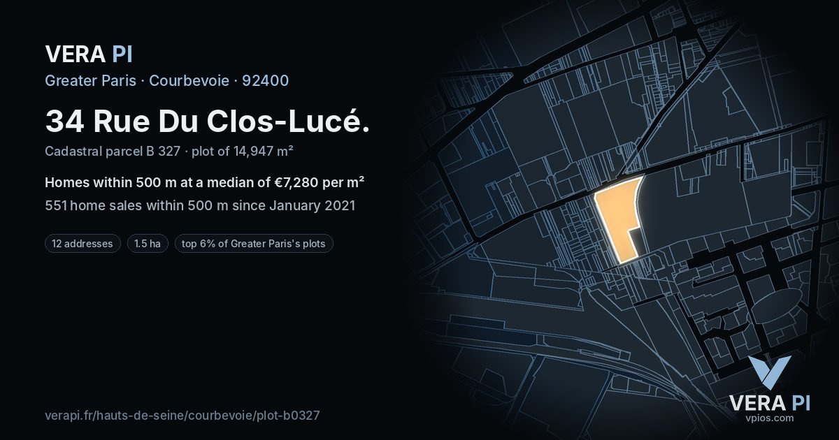 34 Rue Du Clos-Lucé, Courbevoie at night – the plot lit, the parcels around coloured by the prices near them