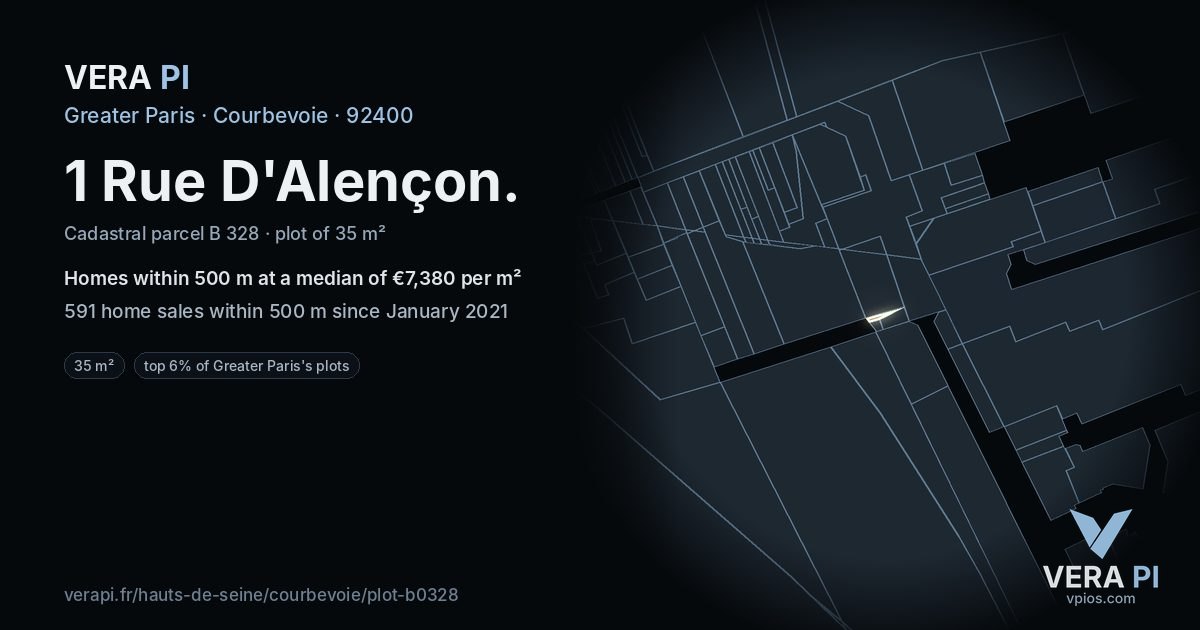 1 Rue D'Alençon, Courbevoie at night – the plot lit, the parcels around coloured by the prices near them