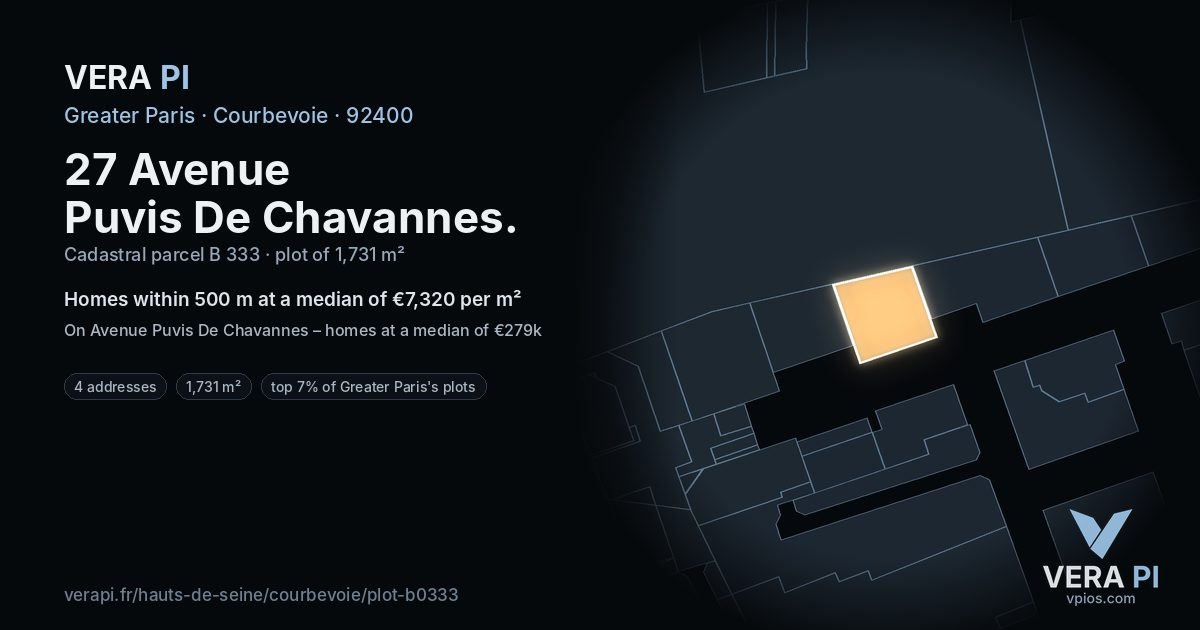 27 Avenue Puvis De Chavannes, Courbevoie at night – the plot lit, the parcels around coloured by the prices near them