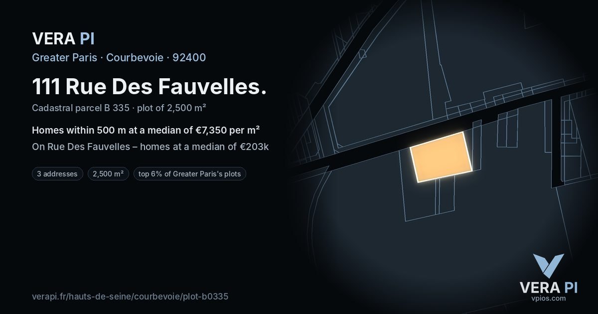 111 Rue Des Fauvelles, Courbevoie at night – the plot lit, the parcels around coloured by the prices near them