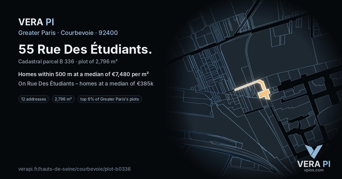 55 Rue Des Étudiants, Courbevoie at night – the plot lit, the parcels around coloured by the prices near them