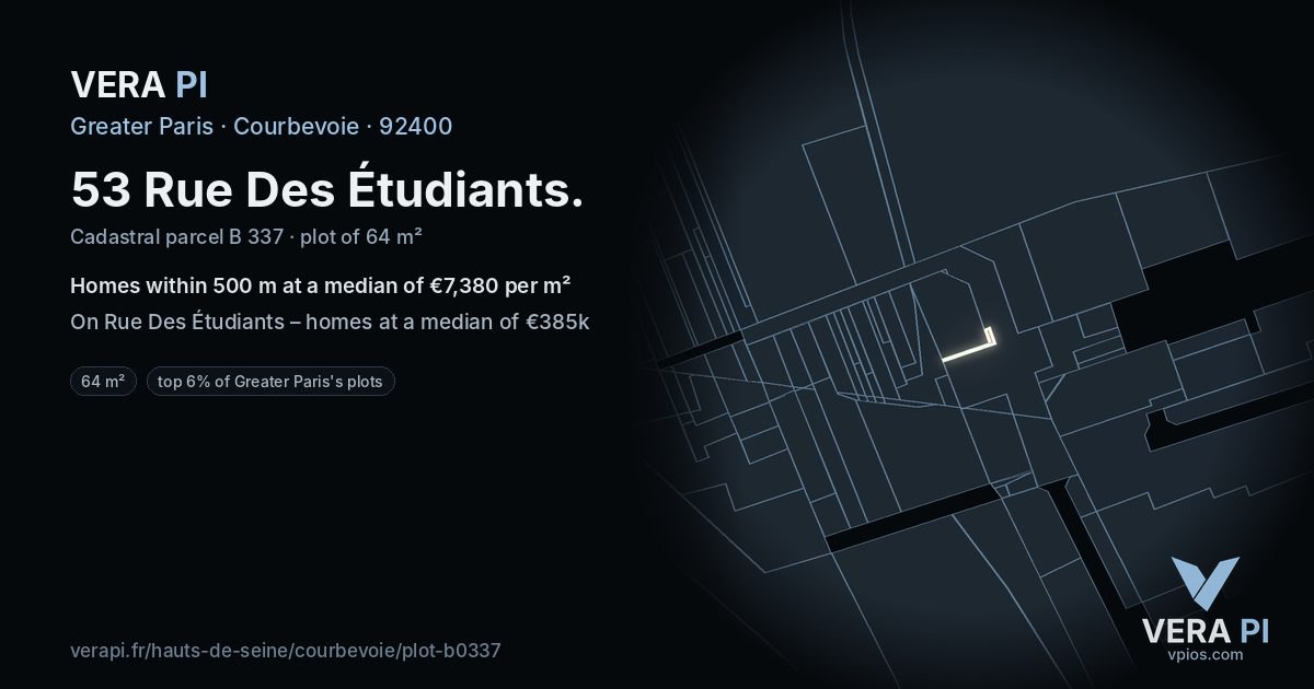 53 Rue Des Étudiants, Courbevoie at night – the plot lit, the parcels around coloured by the prices near them