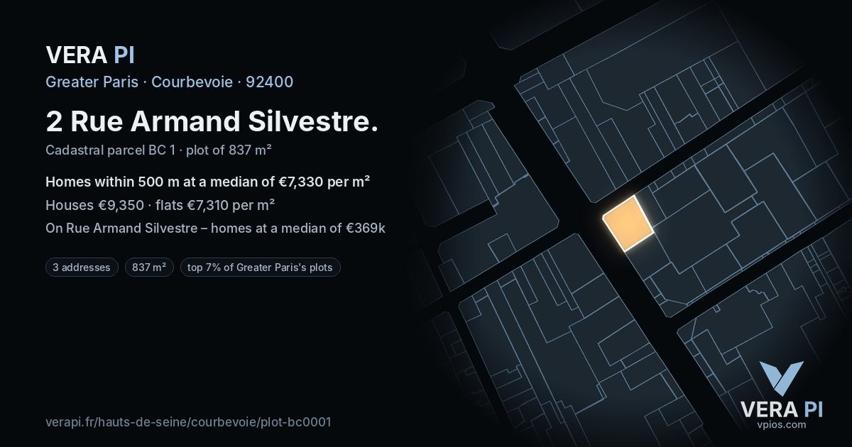 2 Rue Armand Silvestre, Courbevoie at night – the plot lit, the parcels around coloured by the prices near them