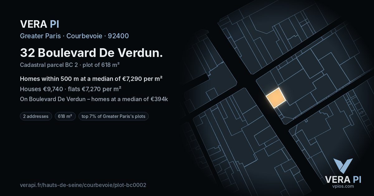 32 Boulevard De Verdun, Courbevoie at night – the plot lit, the parcels around coloured by the prices near them