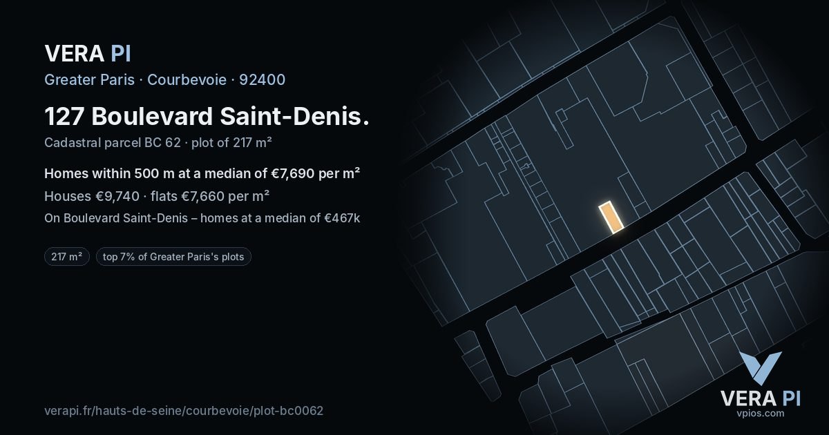 127 Boulevard Saint-Denis, Courbevoie at night – the plot lit, the parcels around coloured by the prices near them