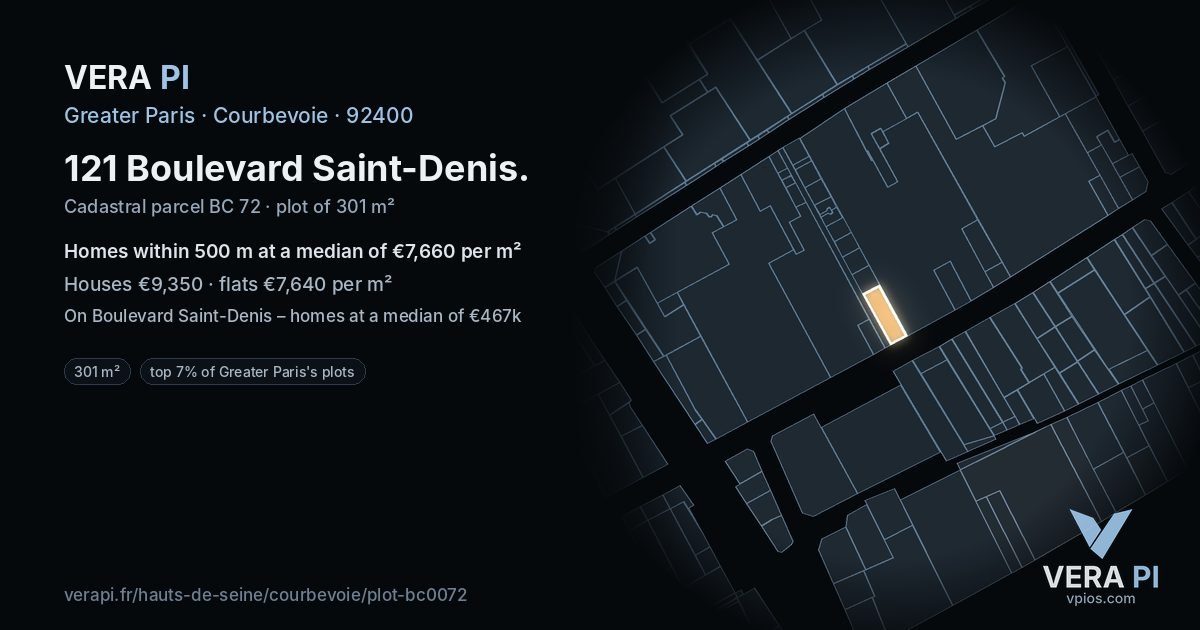 121 Boulevard Saint-Denis, Courbevoie at night – the plot lit, the parcels around coloured by the prices near them