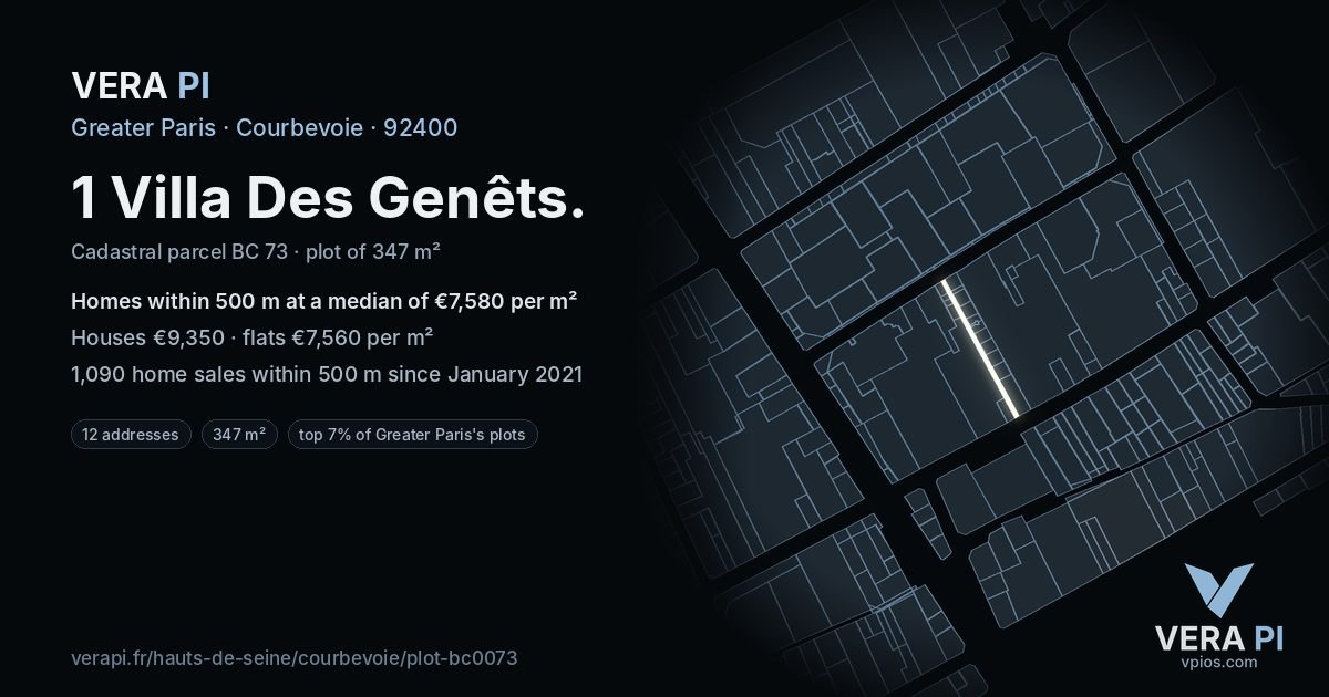 1 Villa Des Genêts, Courbevoie at night – the plot lit, the parcels around coloured by the prices near them