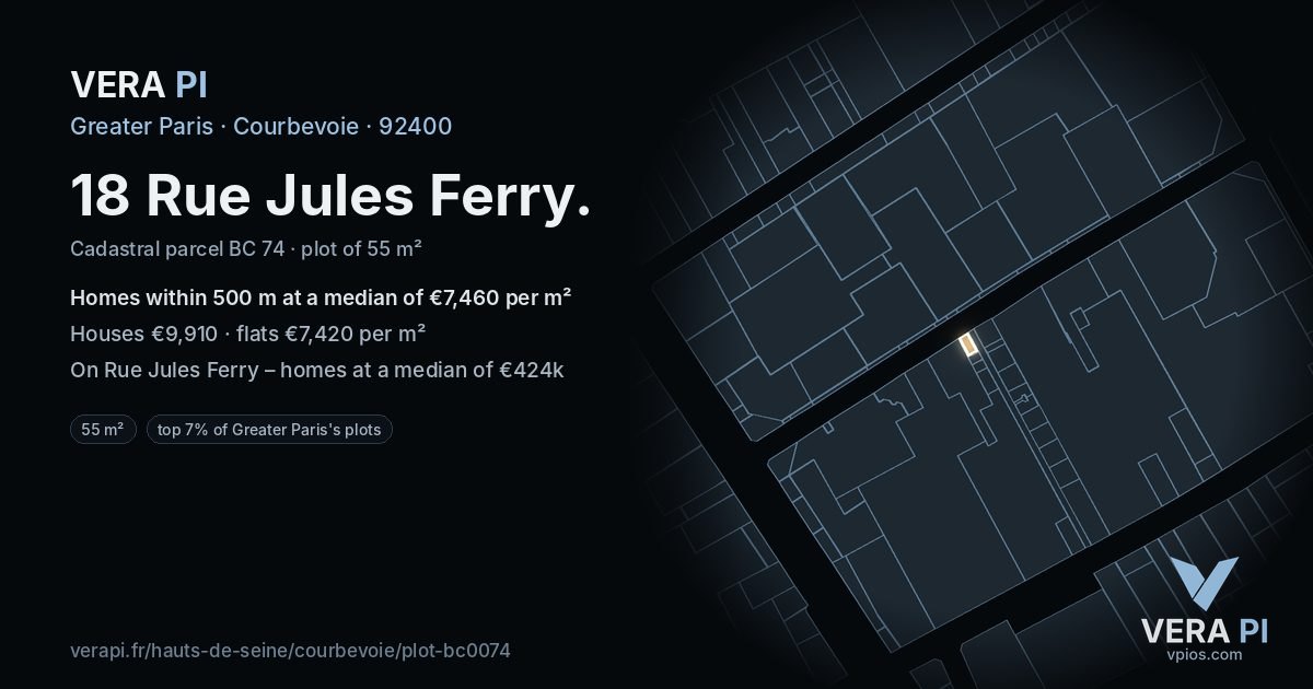 18 Rue Jules Ferry, Courbevoie at night – the plot lit, the parcels around coloured by the prices near them