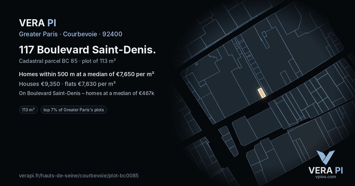 117 Boulevard Saint-Denis, Courbevoie at night – the plot lit, the parcels around coloured by the prices near them