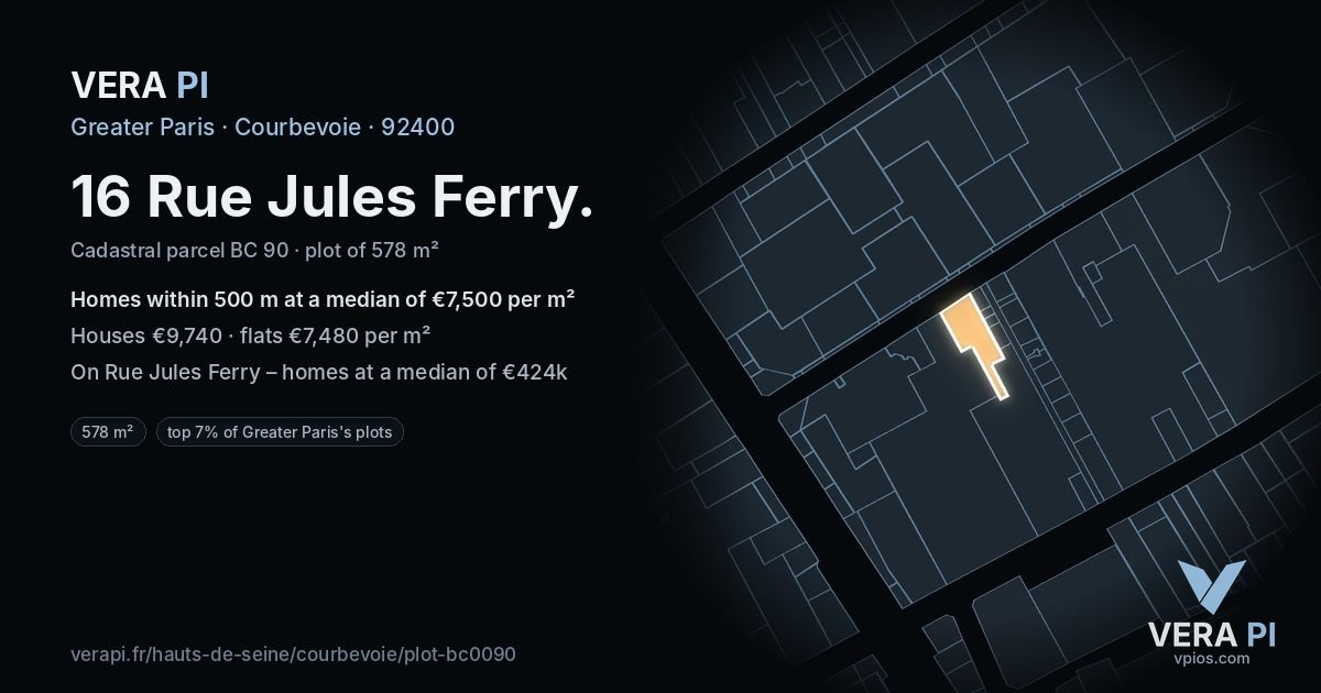 16 Rue Jules Ferry, Courbevoie at night – the plot lit, the parcels around coloured by the prices near them