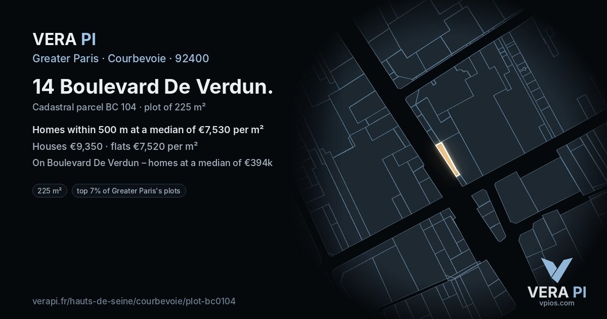 14 Boulevard De Verdun, Courbevoie at night – the plot lit, the parcels around coloured by the prices near them