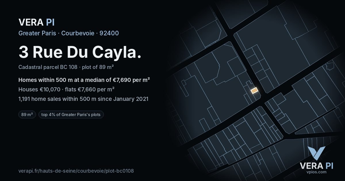 3 Rue Du Cayla, Courbevoie at night – the plot lit, the parcels around coloured by the prices near them