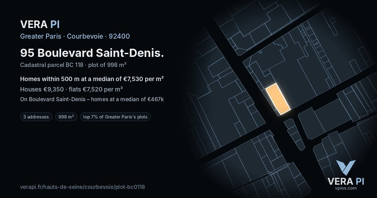 95 Boulevard Saint-Denis, Courbevoie at night – the plot lit, the parcels around coloured by the prices near them