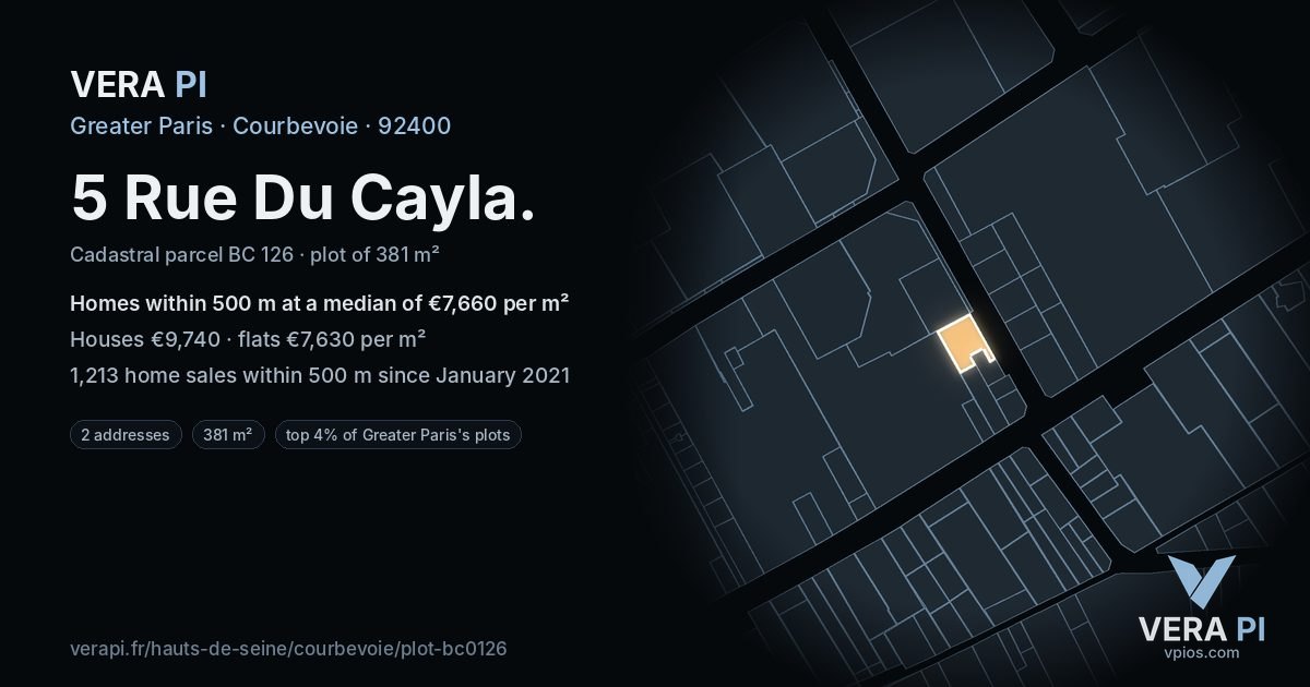 5 Rue Du Cayla, Courbevoie at night – the plot lit, the parcels around coloured by the prices near them