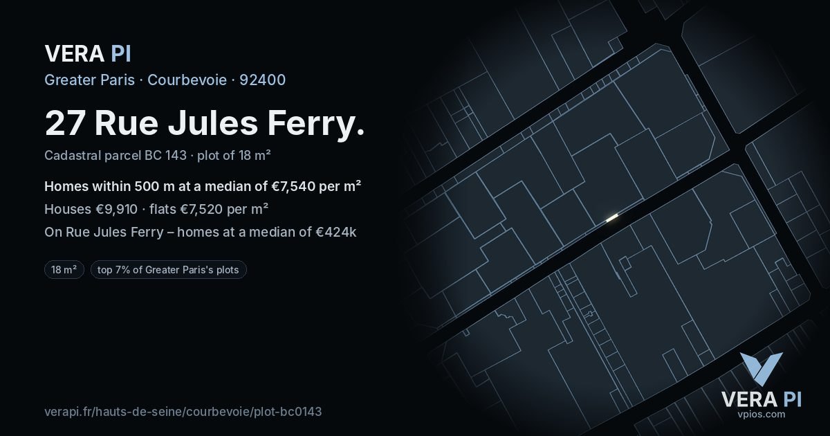 27 Rue Jules Ferry, Courbevoie at night – the plot lit, the parcels around coloured by the prices near them