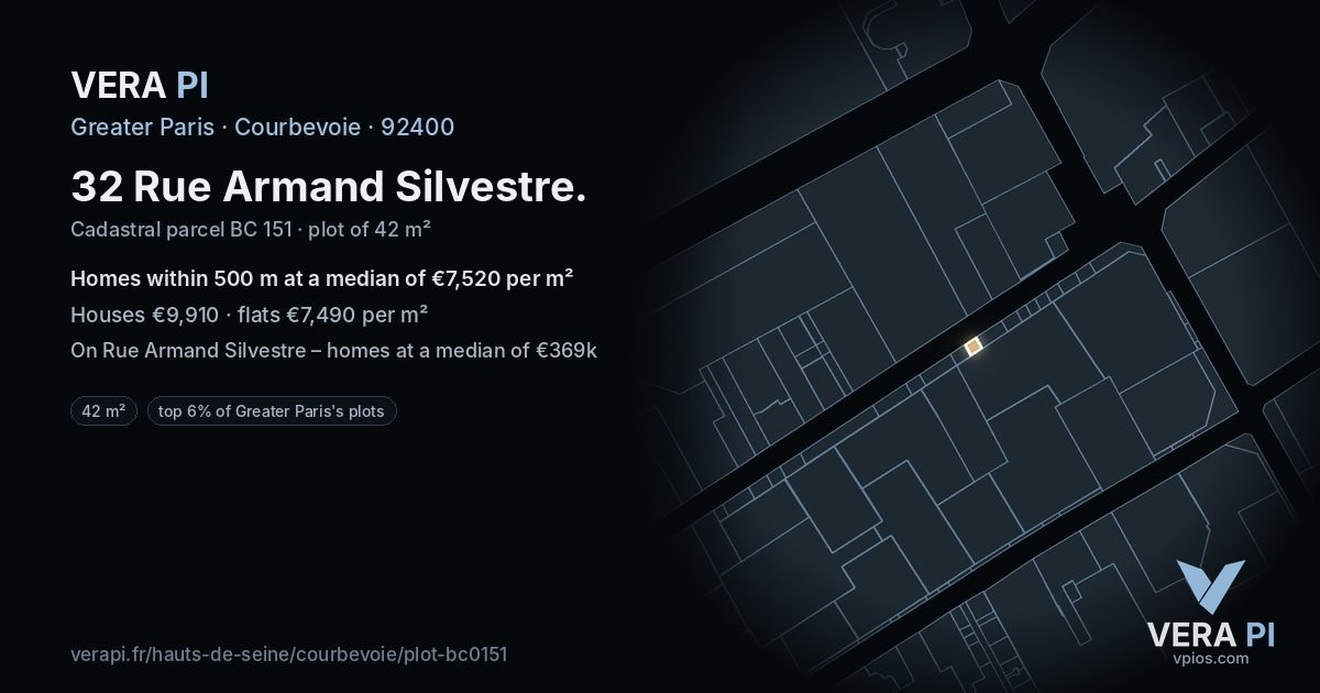 32 Rue Armand Silvestre, Courbevoie at night – the plot lit, the parcels around coloured by the prices near them
