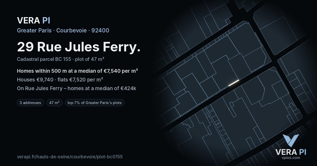 29 Rue Jules Ferry, Courbevoie at night – the plot lit, the parcels around coloured by the prices near them