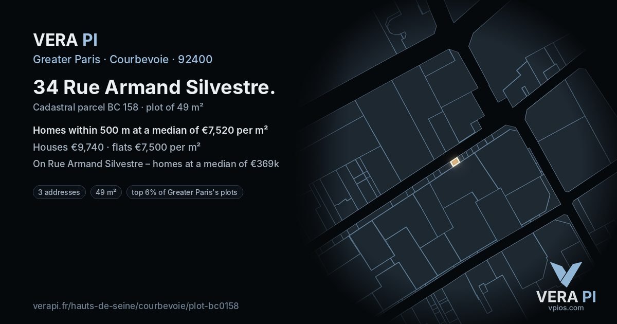 34 Rue Armand Silvestre, Courbevoie at night – the plot lit, the parcels around coloured by the prices near them