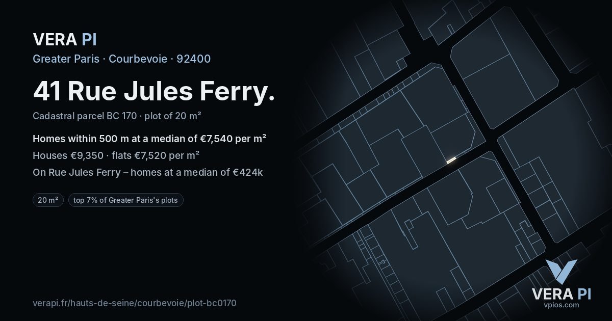41 Rue Jules Ferry, Courbevoie at night – the plot lit, the parcels around coloured by the prices near them