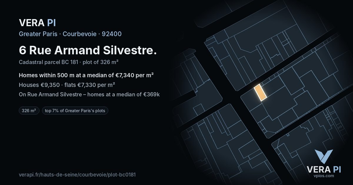 6 Rue Armand Silvestre, Courbevoie at night – the plot lit, the parcels around coloured by the prices near them