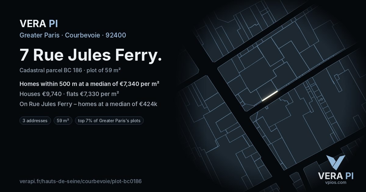 7 Rue Jules Ferry, Courbevoie at night – the plot lit, the parcels around coloured by the prices near them