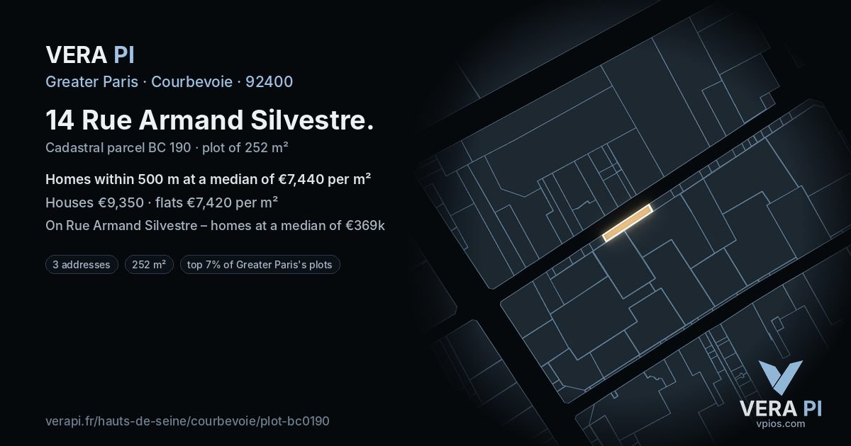 14 Rue Armand Silvestre, Courbevoie at night – the plot lit, the parcels around coloured by the prices near them