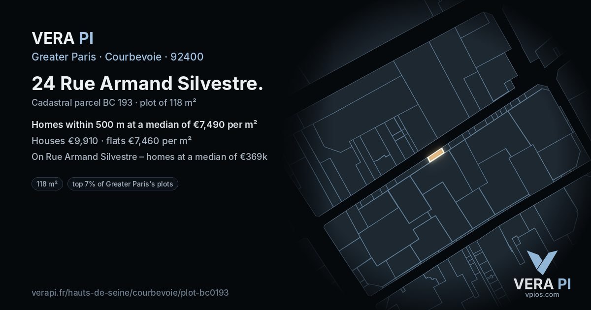 24 Rue Armand Silvestre, Courbevoie at night – the plot lit, the parcels around coloured by the prices near them