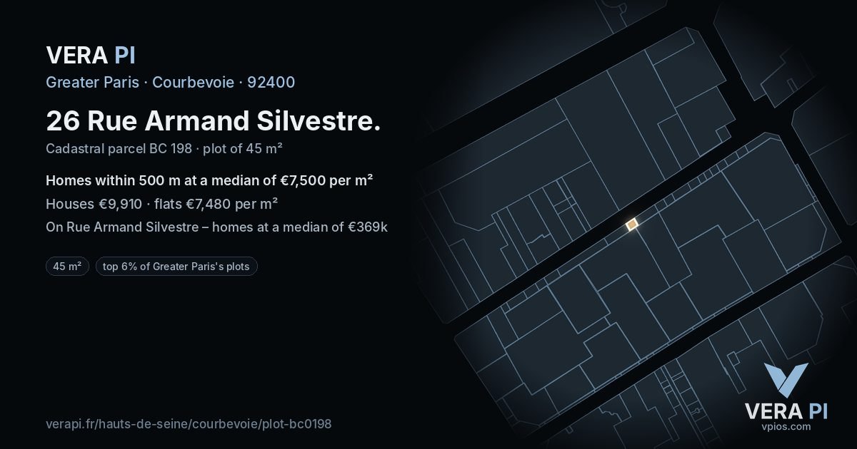 26 Rue Armand Silvestre, Courbevoie at night – the plot lit, the parcels around coloured by the prices near them