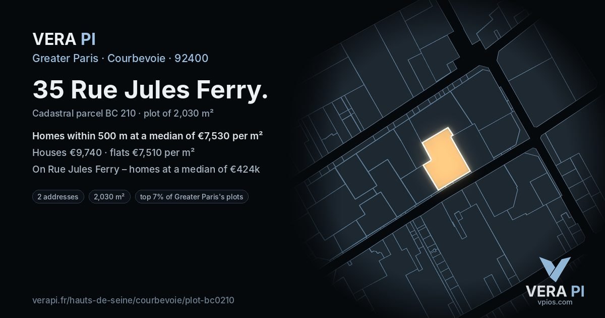35 Rue Jules Ferry, Courbevoie at night – the plot lit, the parcels around coloured by the prices near them
