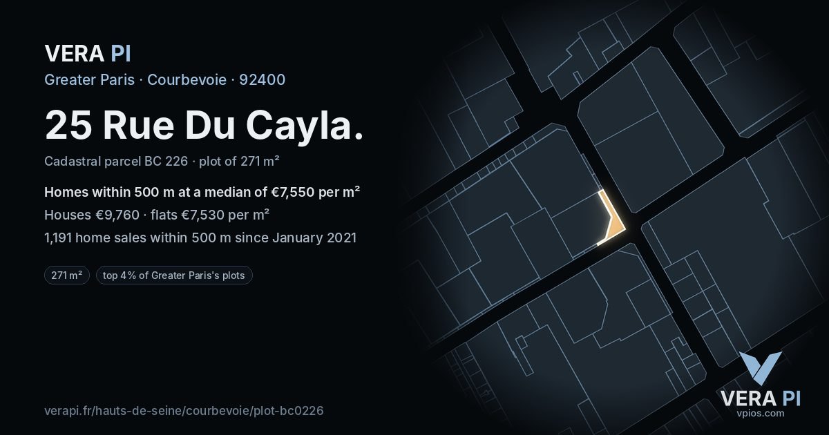 25 Rue Du Cayla, Courbevoie at night – the plot lit, the parcels around coloured by the prices near them