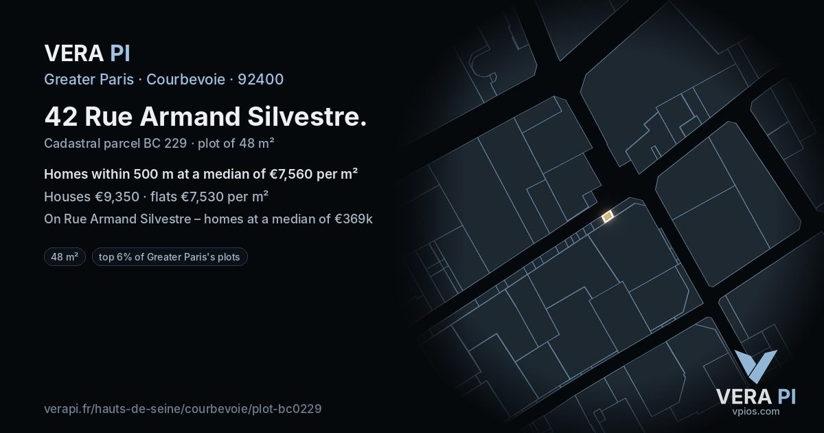 42 Rue Armand Silvestre, Courbevoie at night – the plot lit, the parcels around coloured by the prices near them