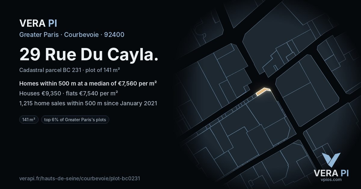 29 Rue Du Cayla, Courbevoie at night – the plot lit, the parcels around coloured by the prices near them