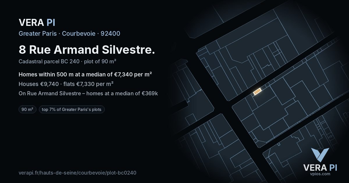 8 Rue Armand Silvestre, Courbevoie at night – the plot lit, the parcels around coloured by the prices near them