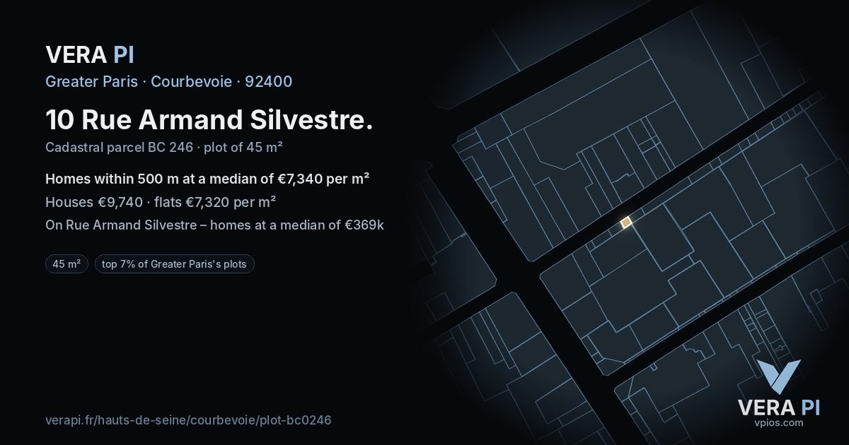 10 Rue Armand Silvestre, Courbevoie at night – the plot lit, the parcels around coloured by the prices near them