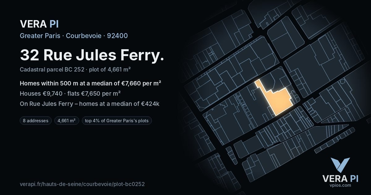 32 Rue Jules Ferry, Courbevoie at night – the plot lit, the parcels around coloured by the prices near them