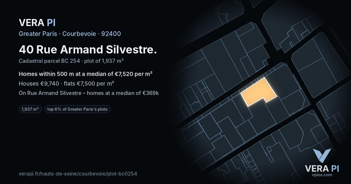 40 Rue Armand Silvestre, Courbevoie at night – the plot lit, the parcels around coloured by the prices near them