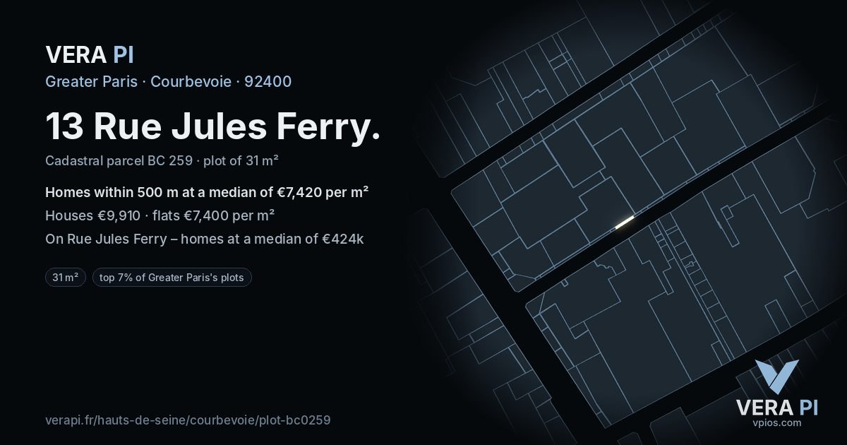 13 Rue Jules Ferry, Courbevoie at night – the plot lit, the parcels around coloured by the prices near them