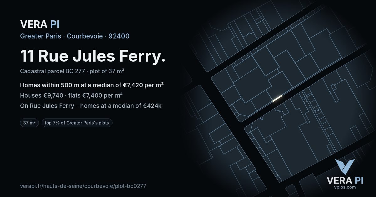 11 Rue Jules Ferry, Courbevoie at night – the plot lit, the parcels around coloured by the prices near them