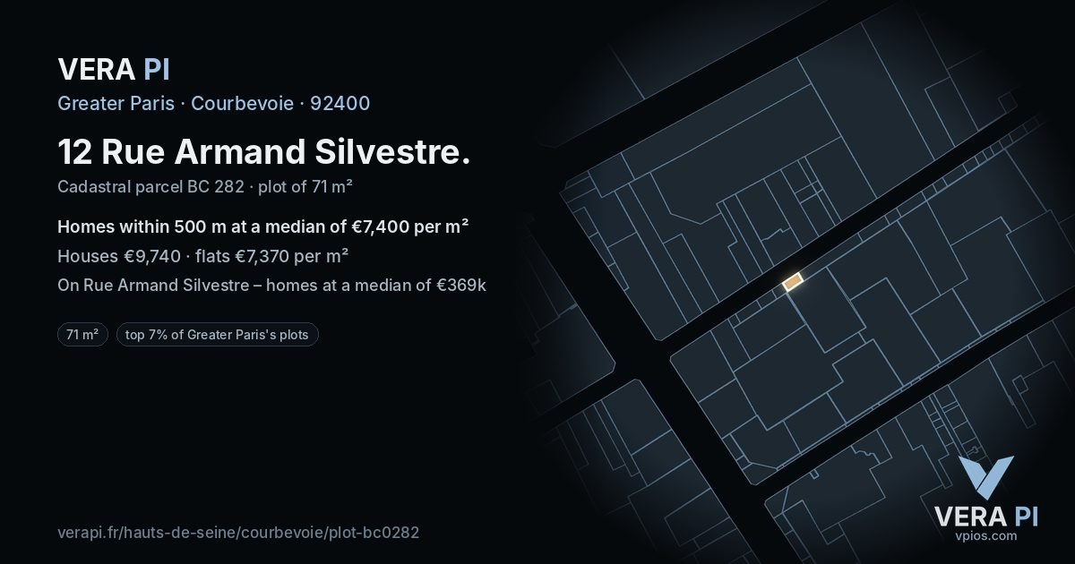12 Rue Armand Silvestre, Courbevoie at night – the plot lit, the parcels around coloured by the prices near them