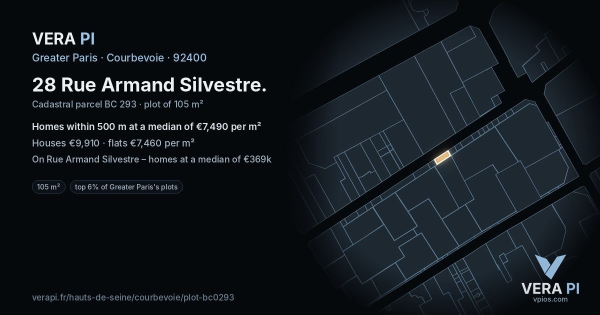 28 Rue Armand Silvestre, Courbevoie at night – the plot lit, the parcels around coloured by the prices near them