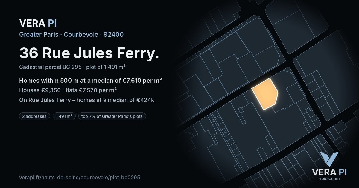 36 Rue Jules Ferry, Courbevoie at night – the plot lit, the parcels around coloured by the prices near them