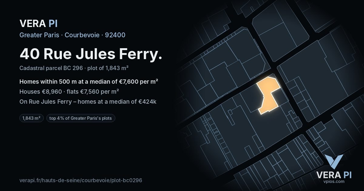40 Rue Jules Ferry, Courbevoie at night – the plot lit, the parcels around coloured by the prices near them