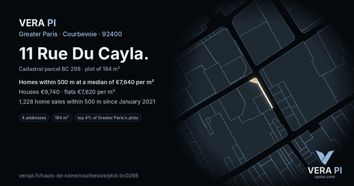 11 Rue Du Cayla, Courbevoie at night – the plot lit, the parcels around coloured by the prices near them