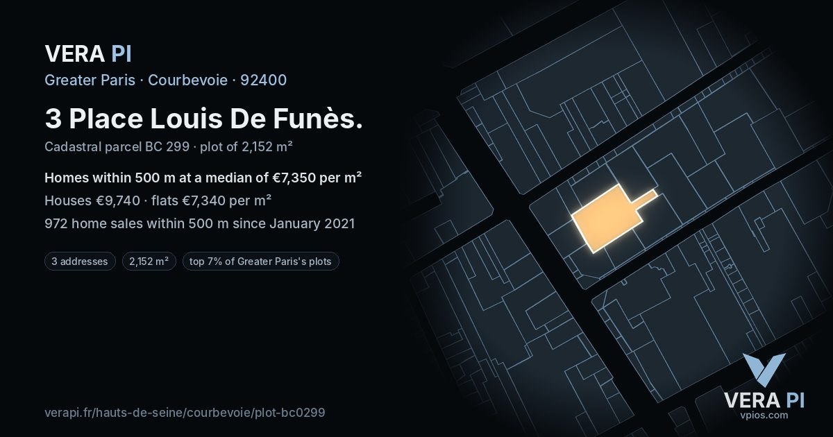 3 Place Louis De Funès, Courbevoie at night – the plot lit, the parcels around coloured by the prices near them