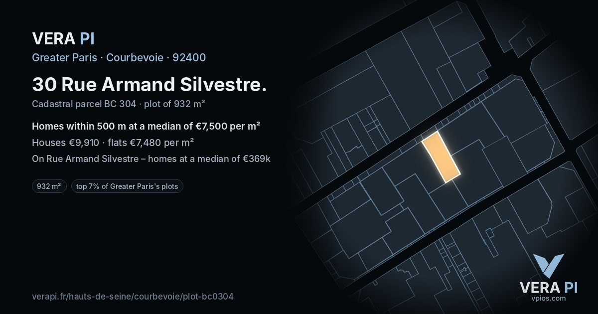 30 Rue Armand Silvestre, Courbevoie at night – the plot lit, the parcels around coloured by the prices near them