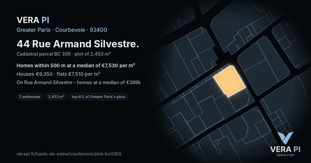 44 Rue Armand Silvestre, Courbevoie at night – the plot lit, the parcels around coloured by the prices near them